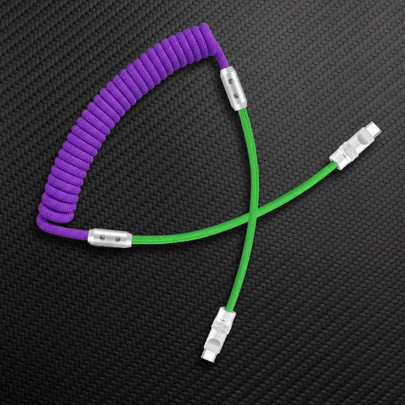 Purple coiled and green straight USB-C to USB-C cable