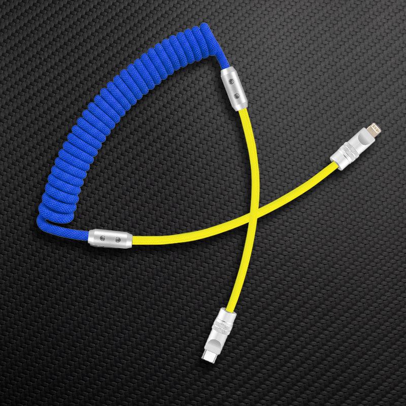ChubbyCable coiled USB-C to Lightning cable in blue and yellow