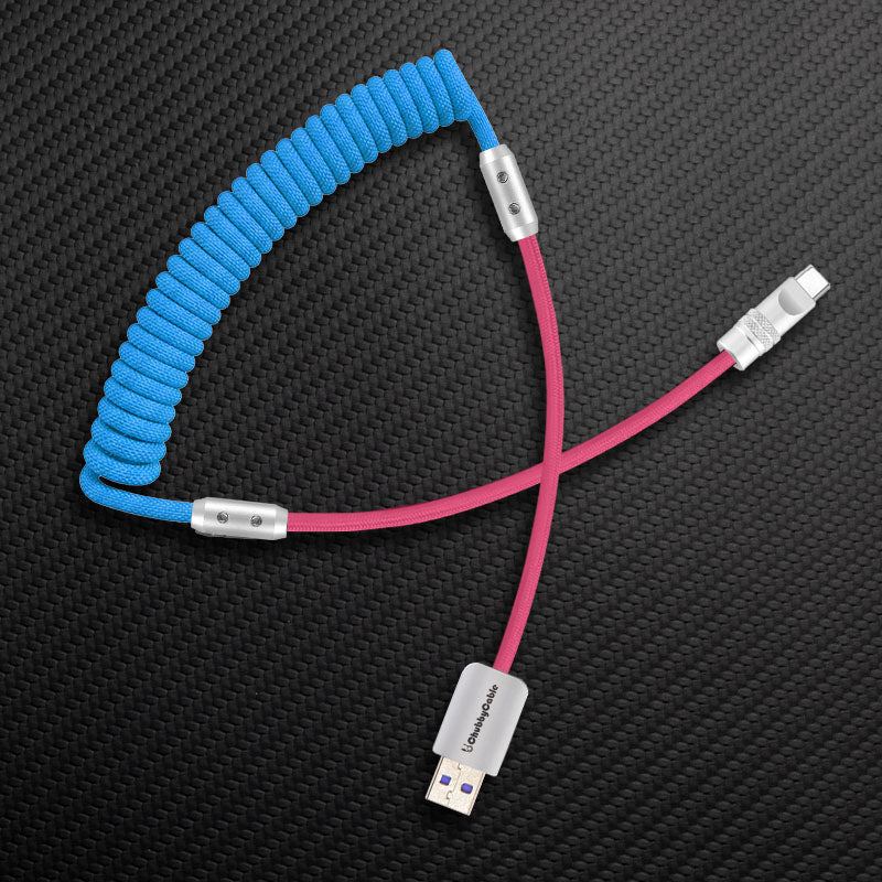 ChubbyCable coiled USB-A to USB-C cable in blue and pink