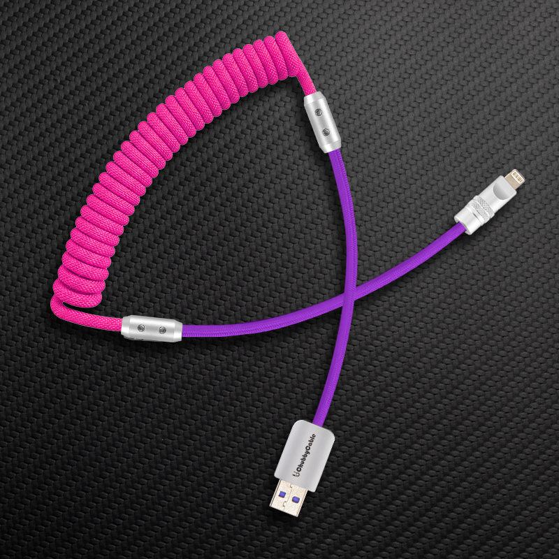 Pink and purple coiled USB-A to Lightning cable