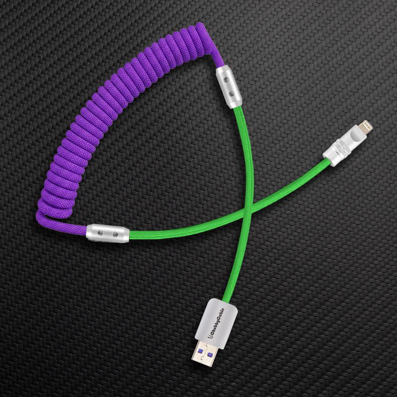 Purple and green coiled USB-A to Lightning cable