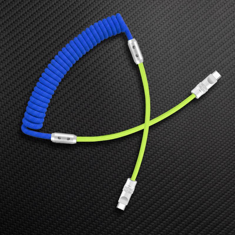 Blue and green coiled USB-C to USB-C cable
