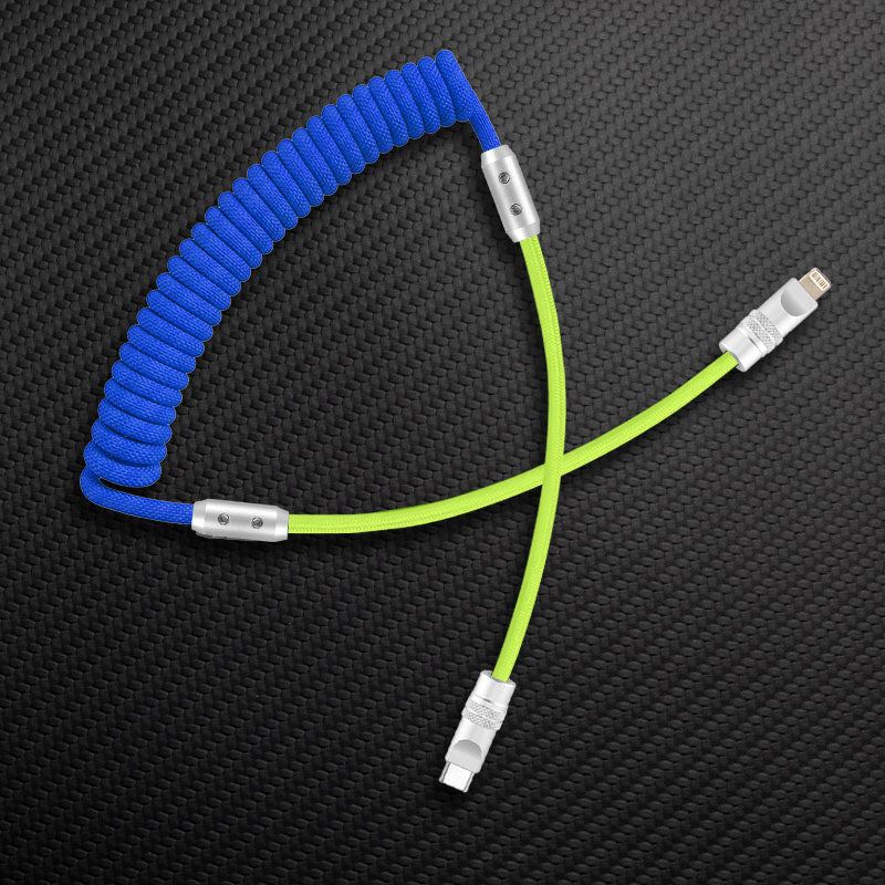 Blue and neon green coiled USB-C to USB-C cable