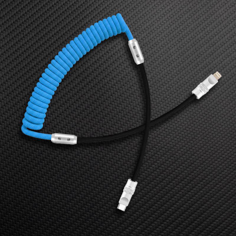 Blue and black coiled USB-C to USB-C charging cable