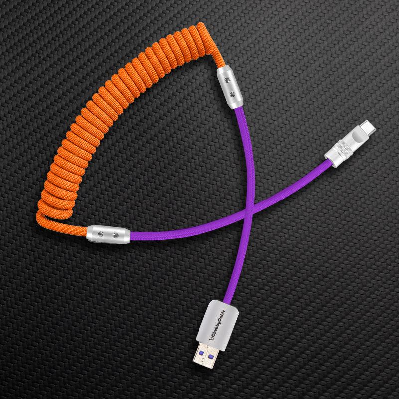 Orange and purple coiled USB-A to USB-C charging cable