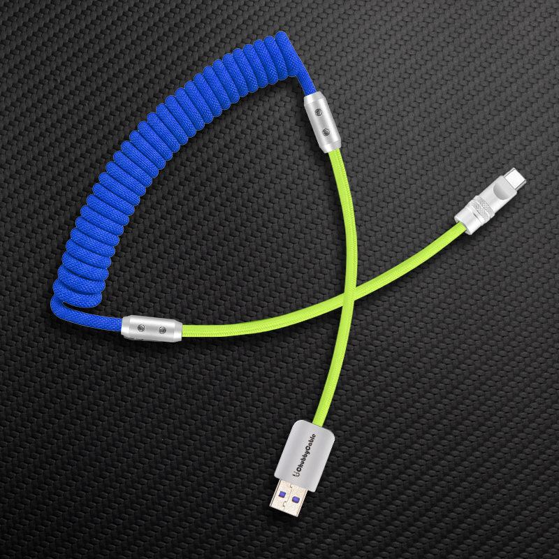 Blue and neon green coiled USB-A to USB-C charging cable