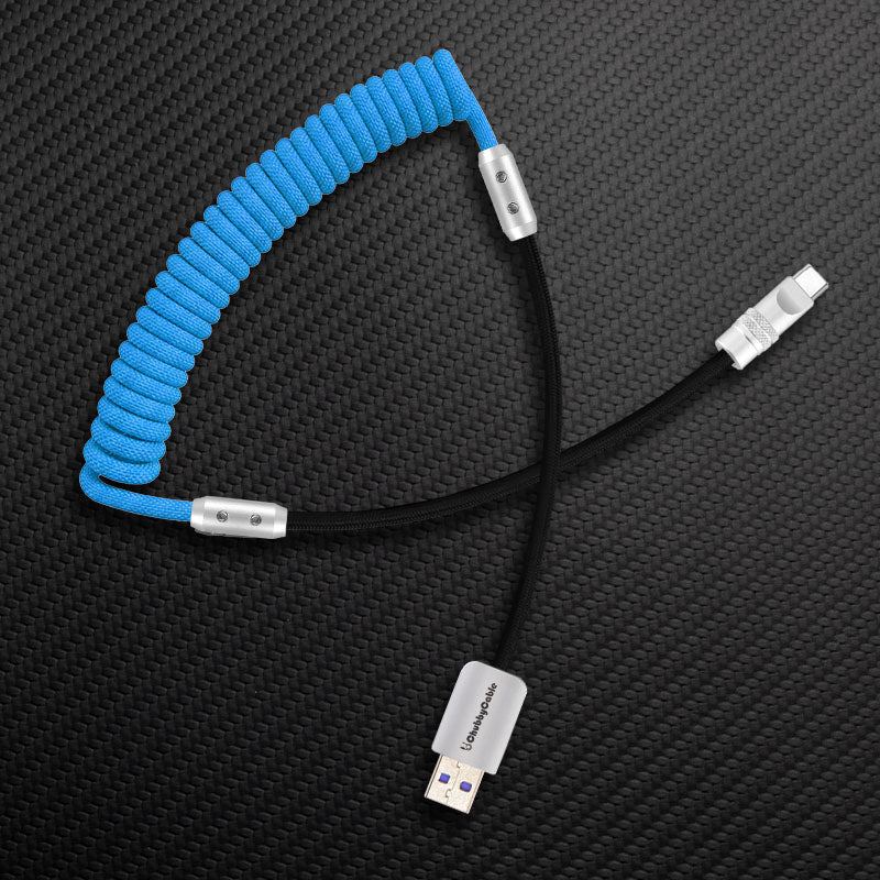 Blue and black coiled USB-A to USB-C charging cable