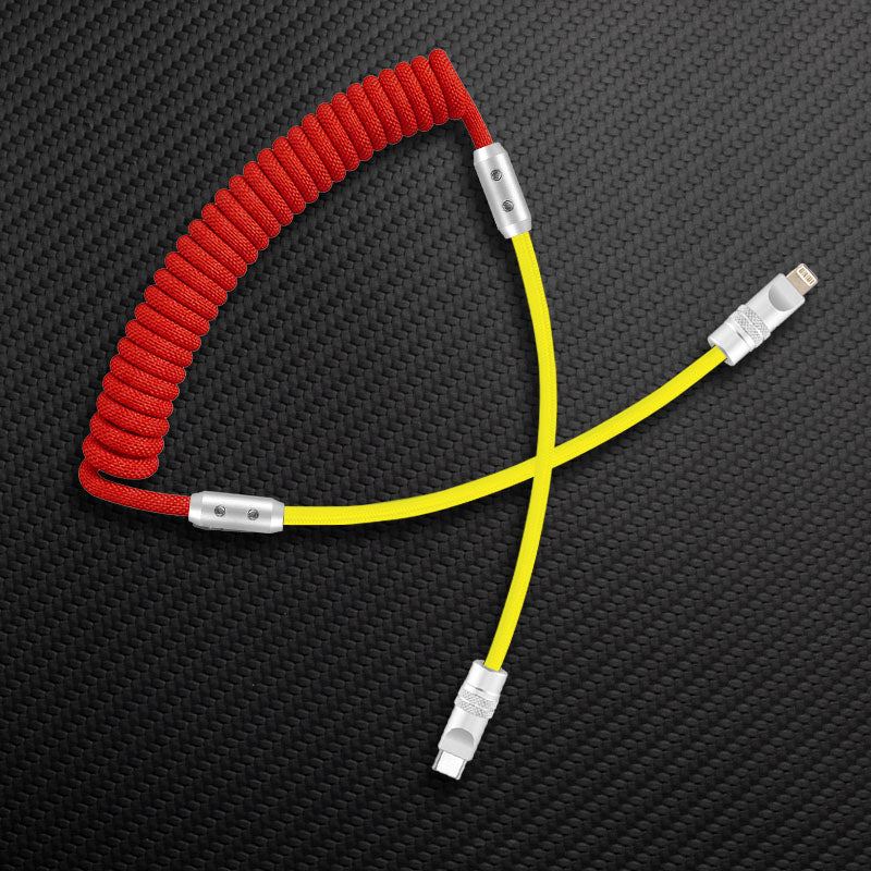 Red coiled cable with yellow extension, Lightning connector