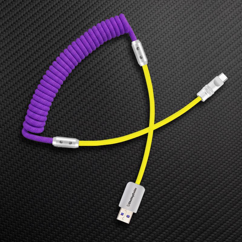 Purple coiled cable with yellow extension, Lightning connector