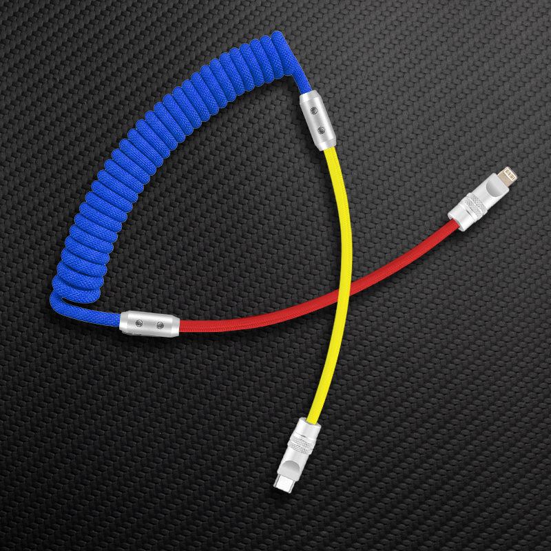 Blue coiled cable with red and yellow ends