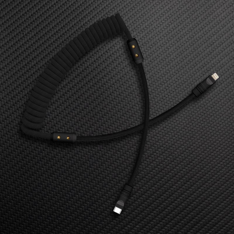 Coiled black mechanical keyboard cable Type-C to Lightning