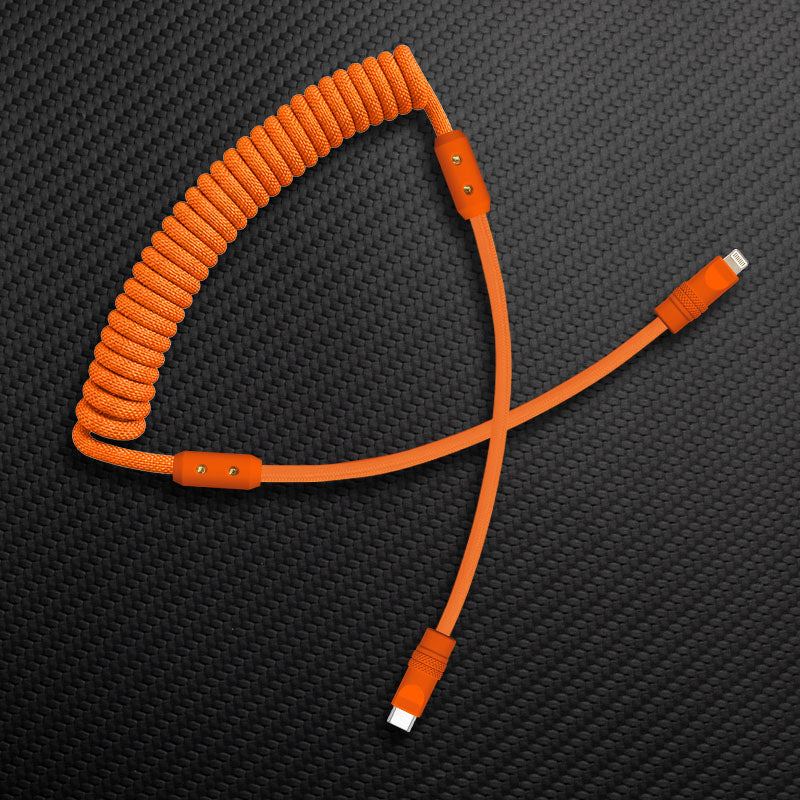 Coiled orange mechanical keyboard cable Type-C to Lightning