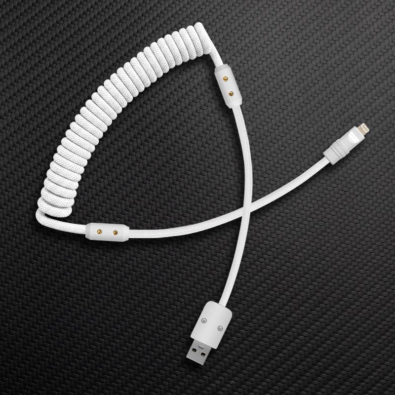White coiled aviator cable USB to Lightning