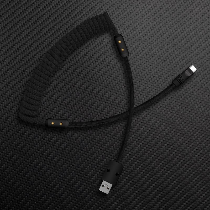 Coiled black mechanical keyboard cable USB to Type-C