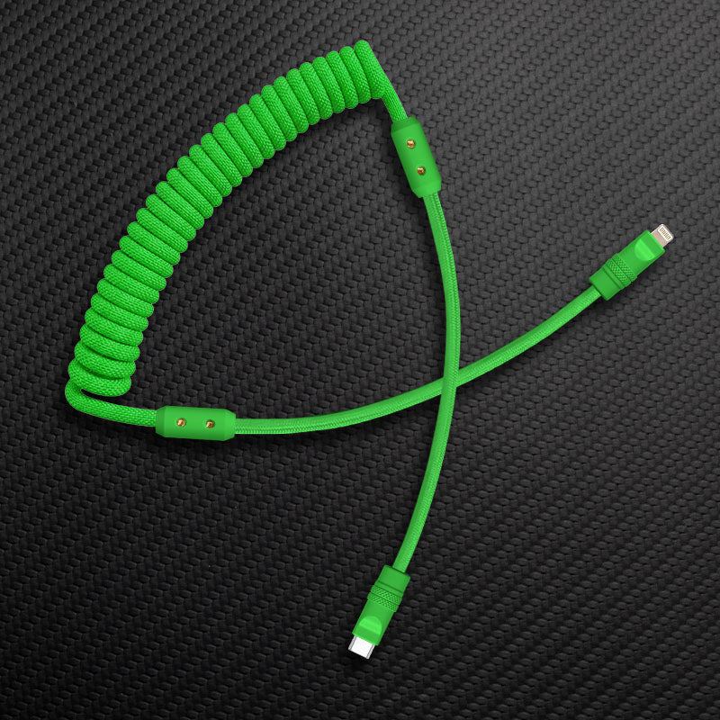 Green coiled aviator cable USB-C to Lightning