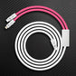 Pink and white dual-connector charging cable with Lightning and USB-C ends.