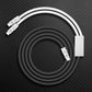 White and black dual-connector charging cable with Lightning and USB-C ends.