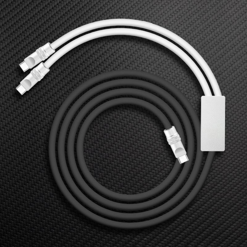 White and black dual-connector charging cable with Lightning and USB-C ends.