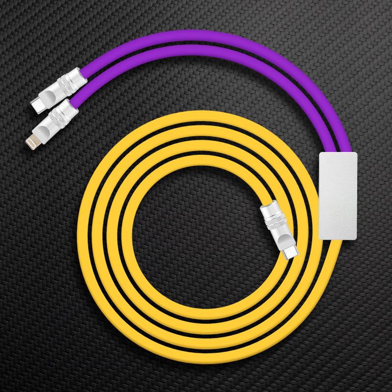 Purple and yellow dual-connector charging cable with Lightning and USB-C ends.