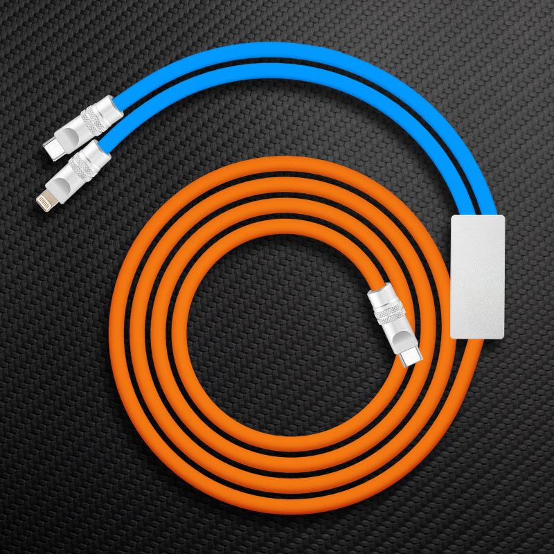 Light blue and blue multi-cable charging cord with orange coil