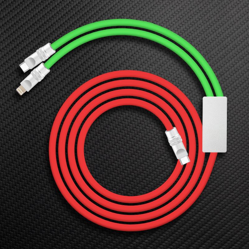 Green and red multi-cable charging cord with red coil