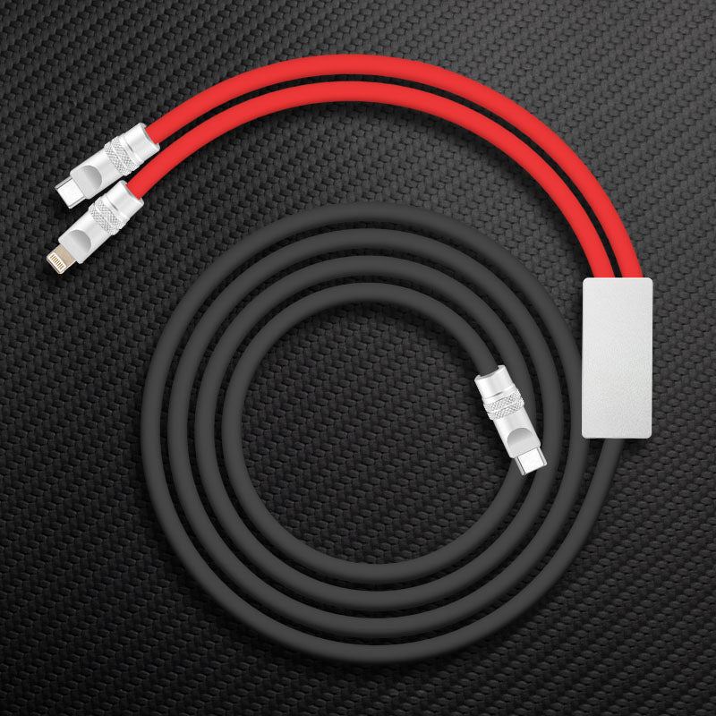 Red and black dual-connector charging cable with Lightning and USB-C ends.