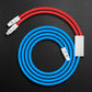 Red and blue dual-connector charging cable with Lightning and USB-C ends.