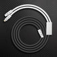 White and black dual-connector charging cable with Lightning and USB-C ends.