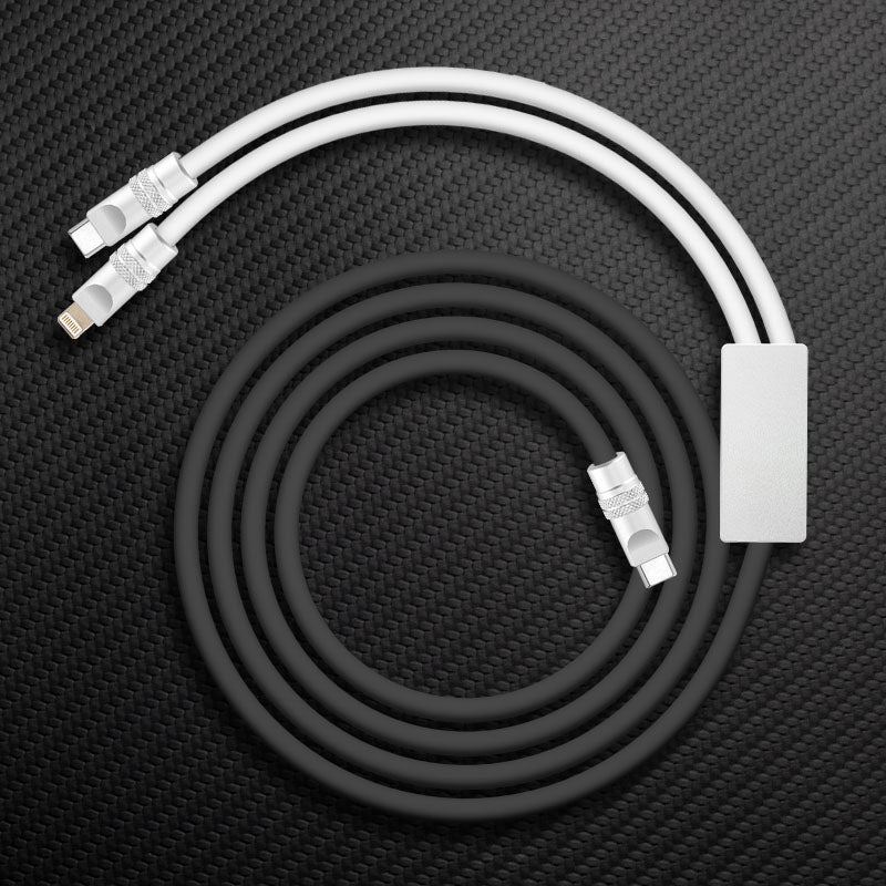 White and black dual-connector charging cable with Lightning and USB-C ends.