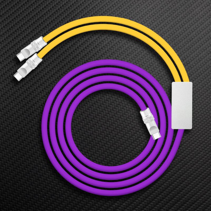 Purple and yellow charging cable with metallic ends.