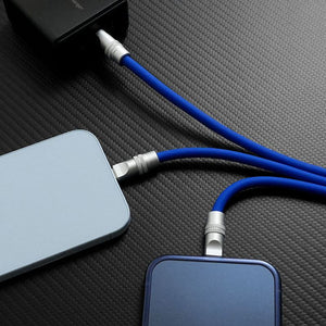 Blue ChubbyCable charging two mobile devices simultaneously