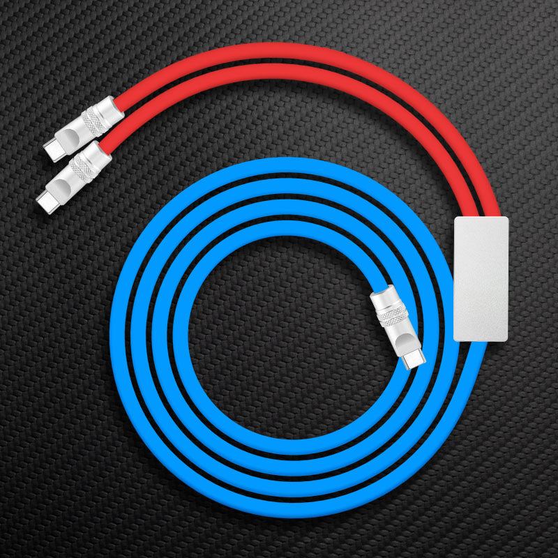 Red and blue dual-connector charging cable with USB-C ends.