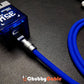 Blue silicone fast charging cable plugged into a transparent 35W Gan charger