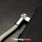 Close-up of 90-degree right-angle metal USB-C connector plugged into phone