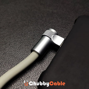 Close-up of 90-degree right-angle metal USB-C connector plugged into phone