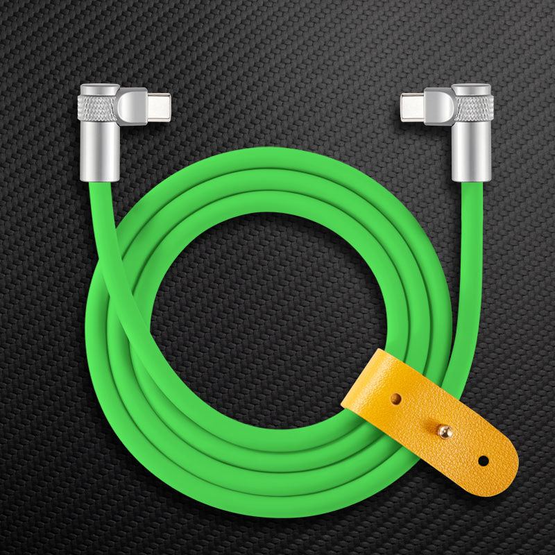 Green ChubbyCable with dual 90-degree right-angle USB-C to USB-C connectors and leather strap.