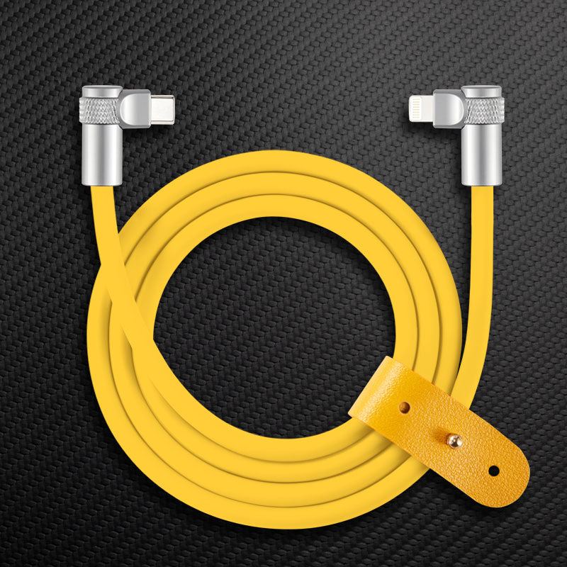 Yellow right-angle USB-C to Lightning cable with leather strap