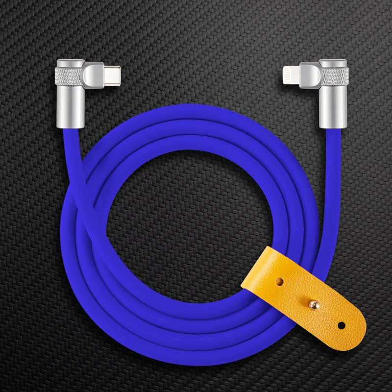 Blue ChubbyCable with dual 90-degree right-angle USB-C to Lightning connectors and yellow strap.