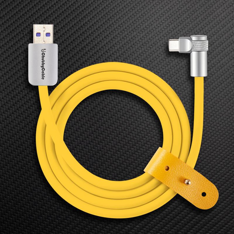 Yellow USB-A to right-angle USB-C fast charging cable with leather strap