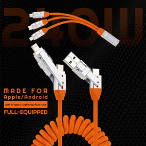 Orange 240W multi-functional charging cable for Apple and Android devices.