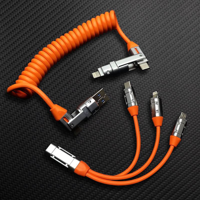 Orange multi-functional coiled USB charging cable set