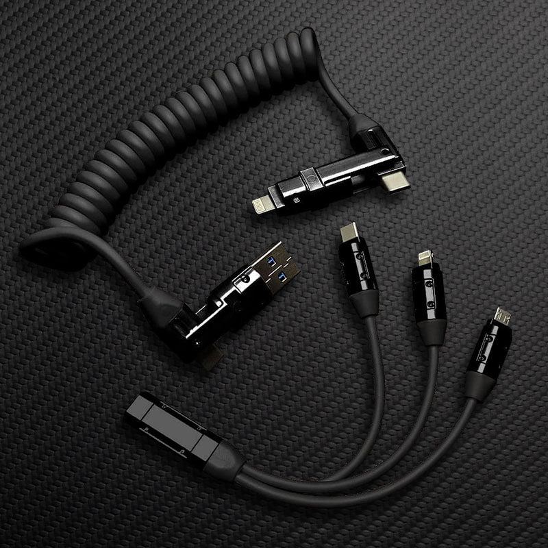 Black multi-functional coiled USB charging cable set