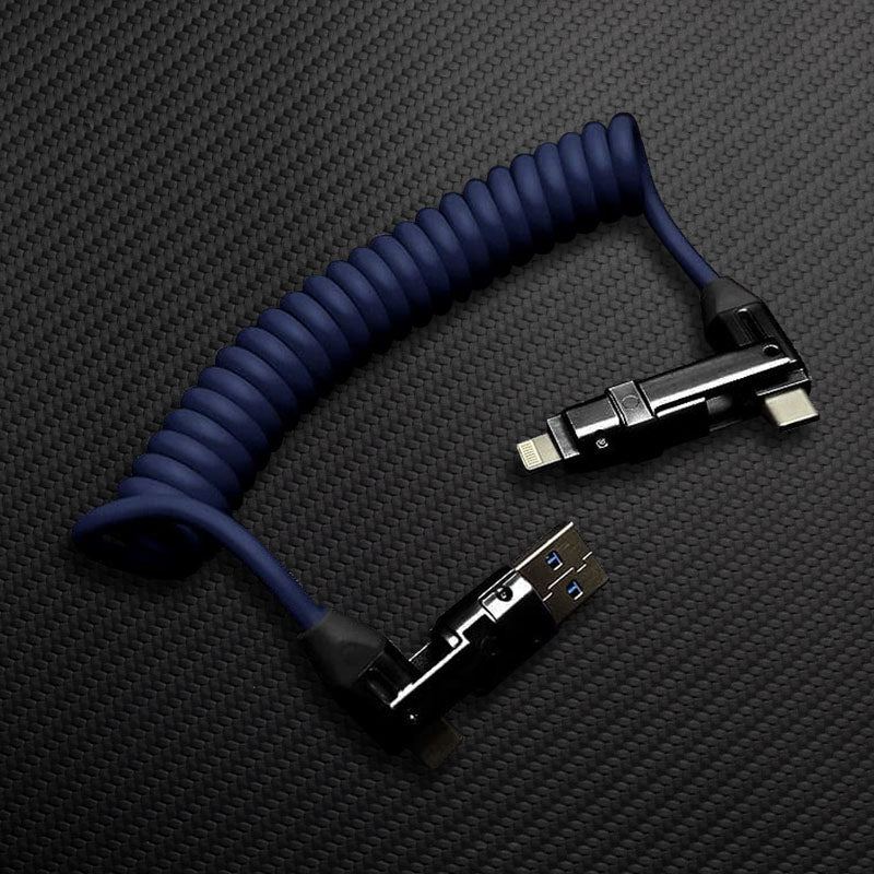 Blue coiled USB charging cable with adapters