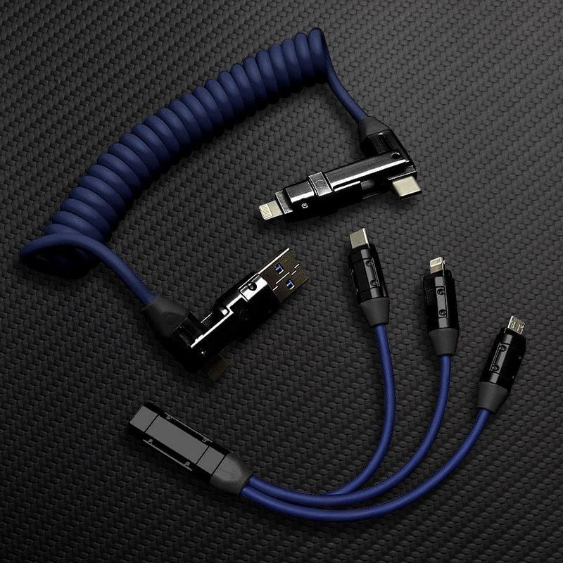 Blue multi-functional coiled USB charging cable set