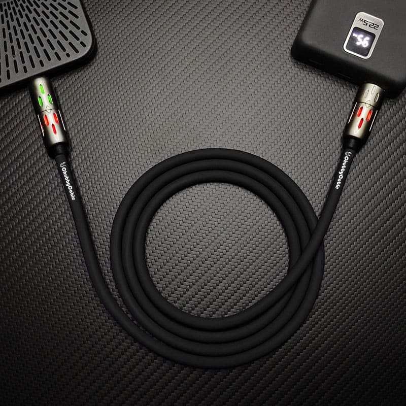 ChubbyCable 4-in-1 universal charging cable with LED display connected to power bank