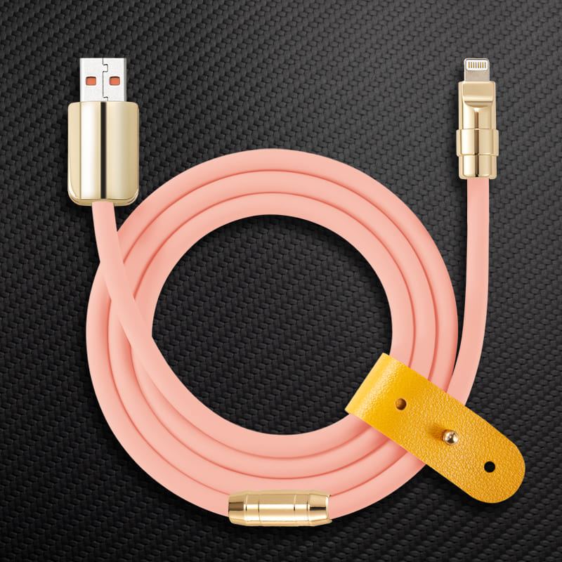 Pink silicone USB to Lightning charging cable with gold connectors