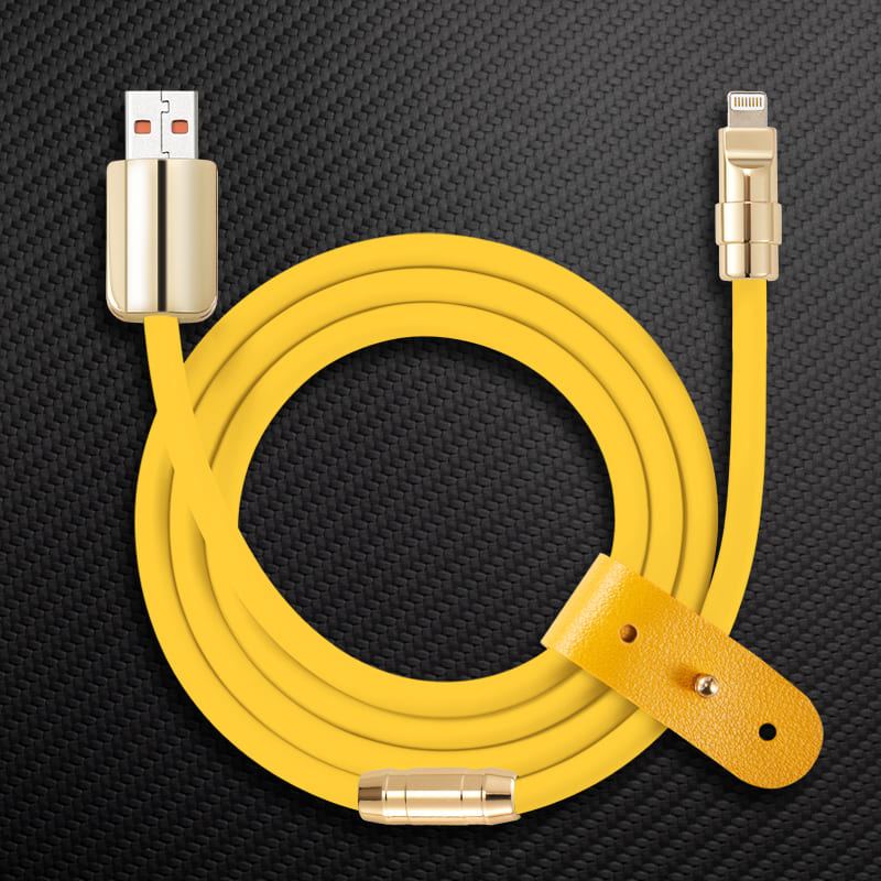 Yellow silicone USB to Lightning charging cable with gold connectors