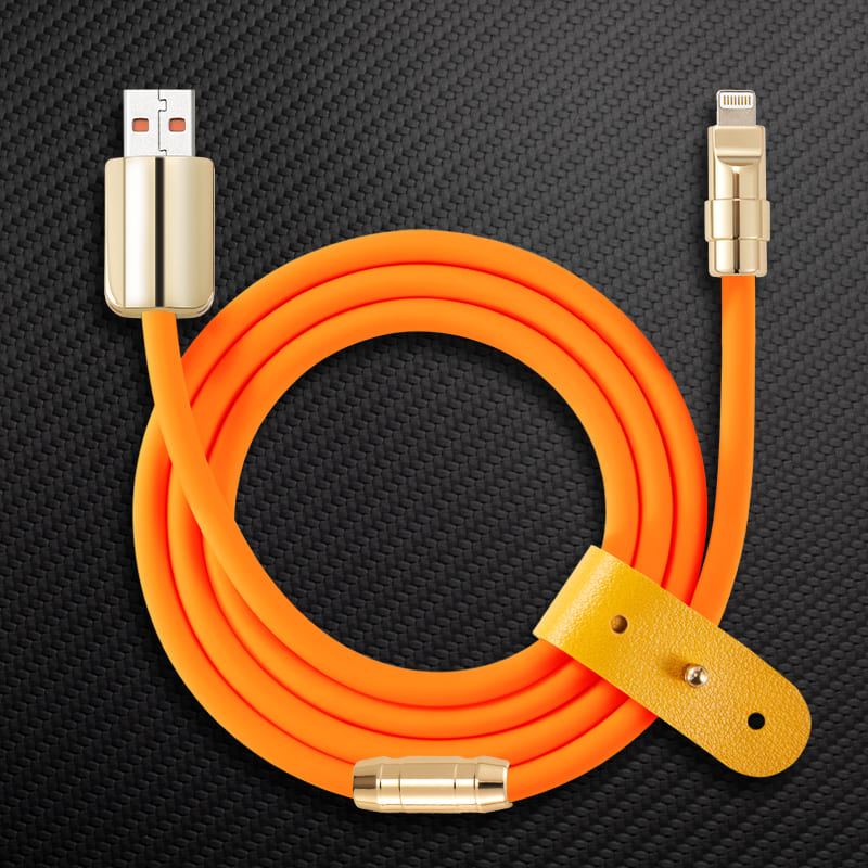 Orange silicone USB to Lightning charging cable with gold connectors