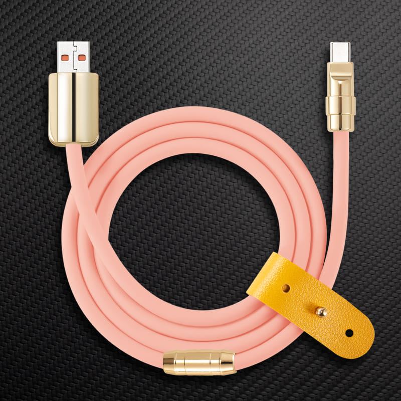 Pink silicone USB to USB-C charging cable with gold connectors