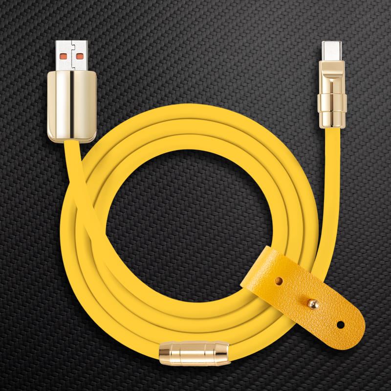 Yellow silicone USB to USB-C charging cable with gold connectors